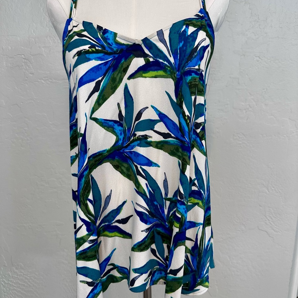 Ella Moss Contemporary Tropical Blue and Green Leaf Print Stylish Dressy Cami XS